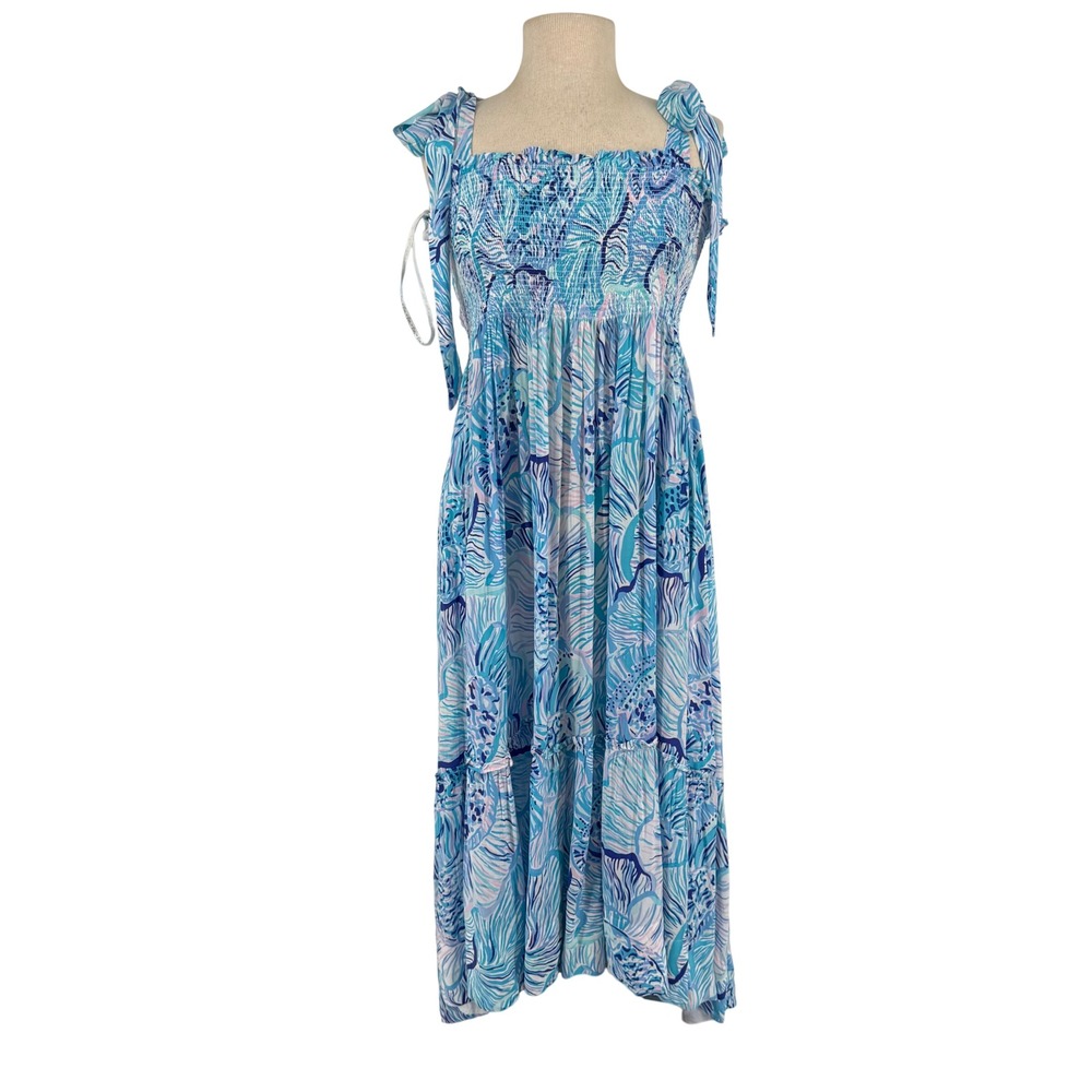 Lilly Pulitzer Rivera Midi Dress Womens L Bermuda Blue Fishful Thinking Smocked - Picture 2 of 11